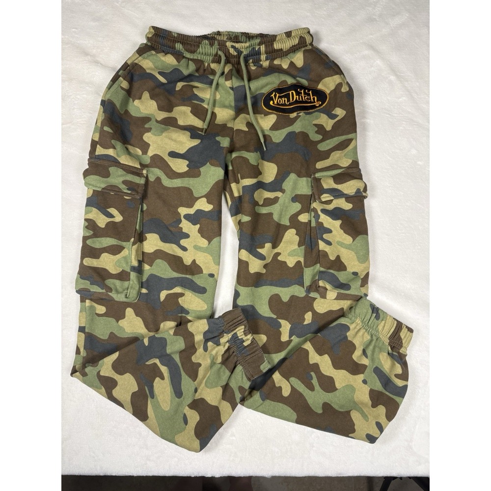 Von Dutch Camo Cargo Jogger Pants‎ Women's XS Green Drawstring Y2K Streetwear